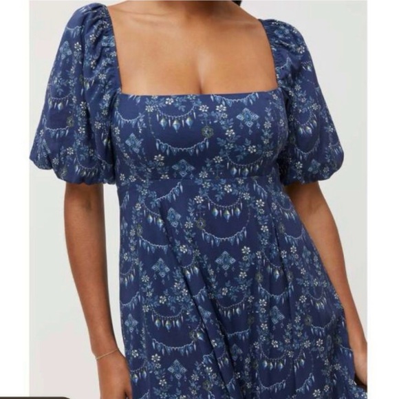 Hill House Blue Floral Square-Neck Midi Dress Puff Sleeves Matilda Charm Scallop - Picture 4 of 10